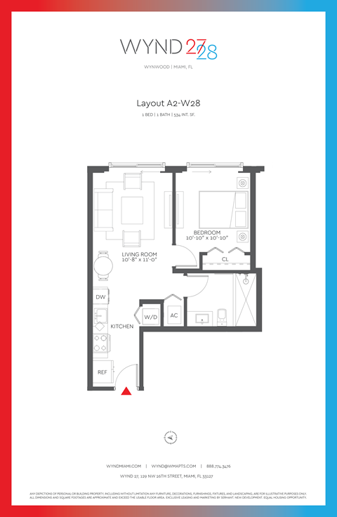Floor plan for 1 bed, 1 bath, 534 sqft